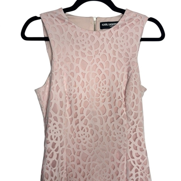 Karl Lagerfeld Light Pink Pencil Dress Rosette Cut Out Overlay Zip Closure SZ 4 - Picture 2 of 14